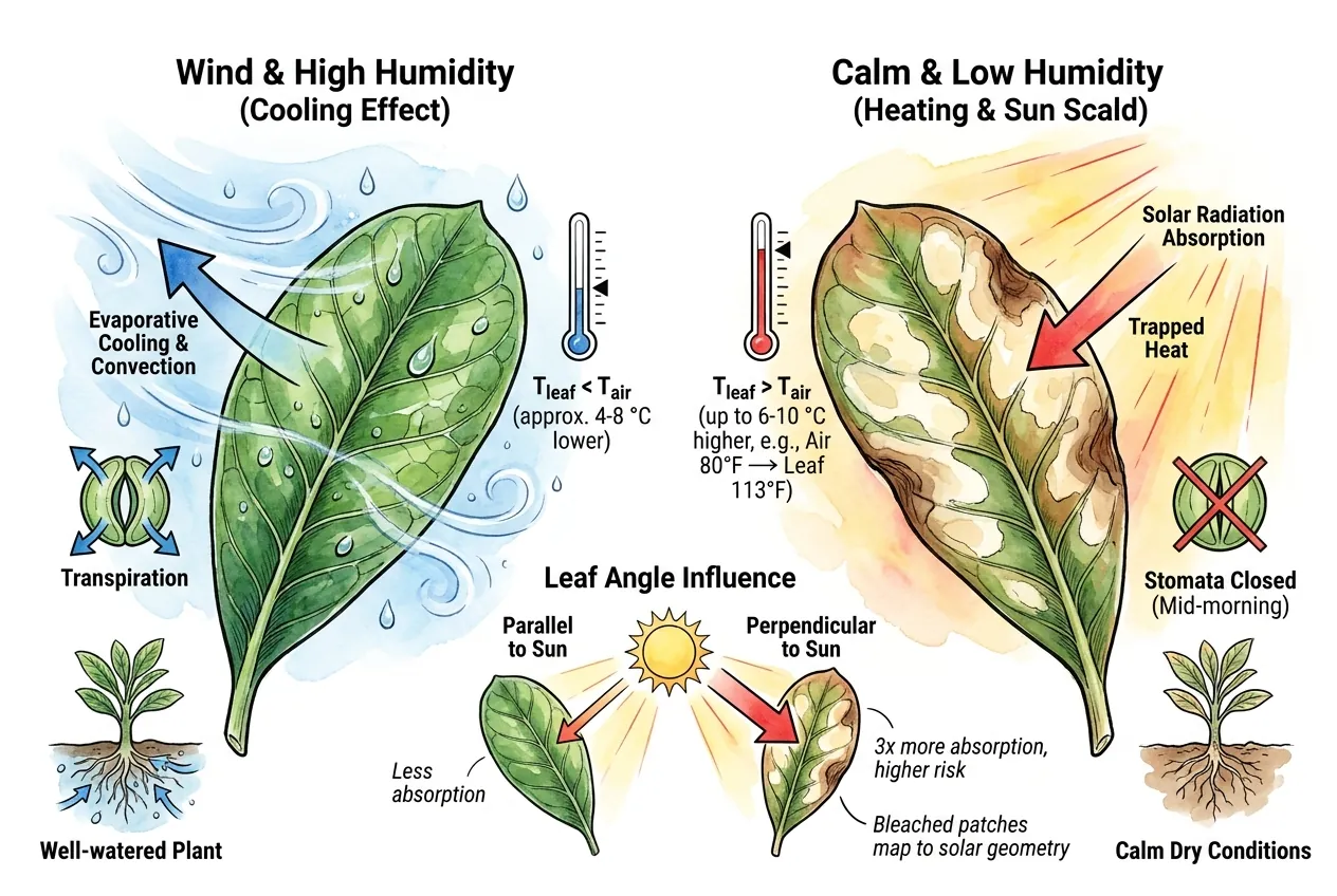 Diagram of leaf energy balance showing wind, humidity, and transpiration effects