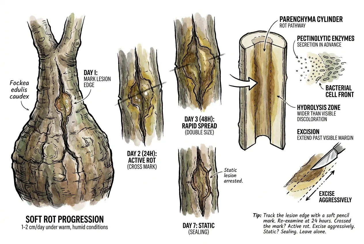 Pencil mark tracking a caudex lesion edge during repeated checks