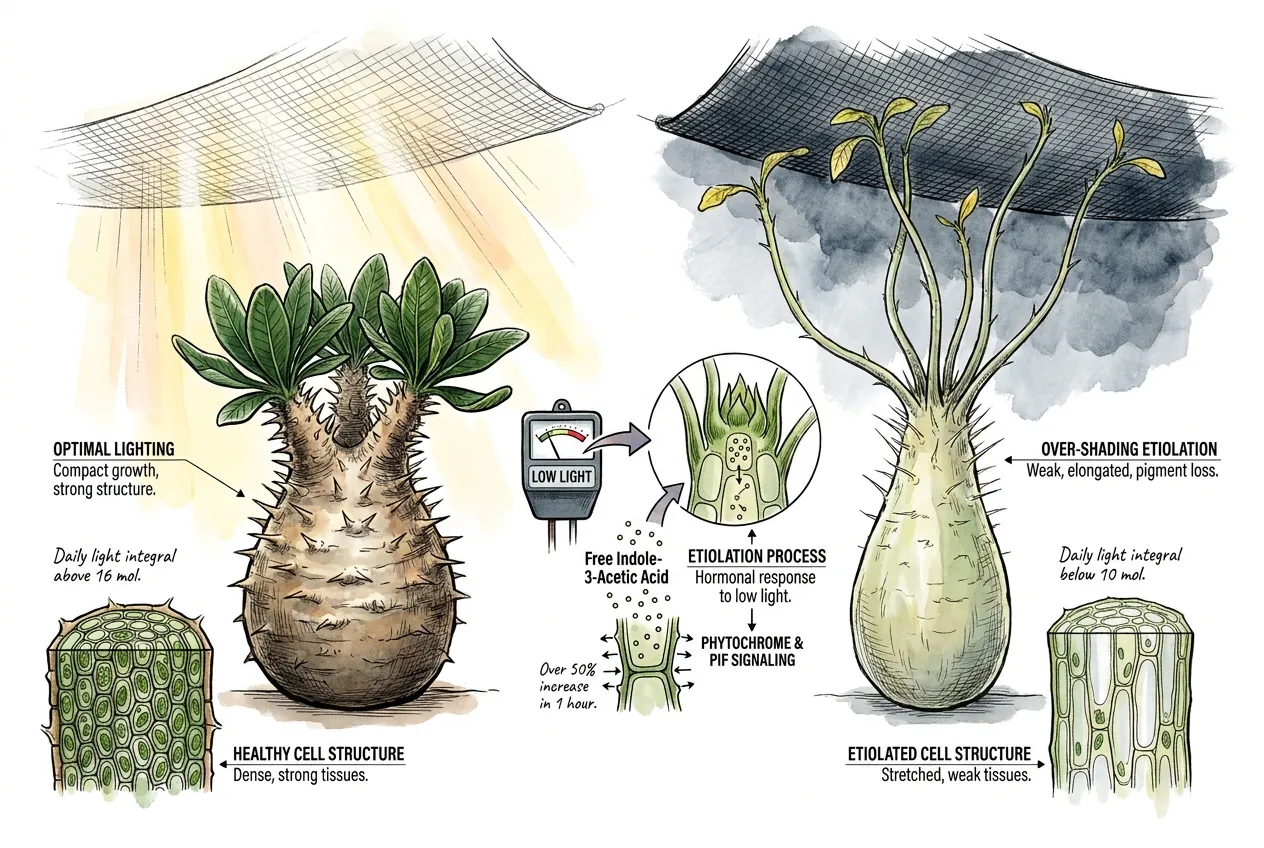 Compact healthy caudex under optimal light versus a pale, stretched etiolated plant from too much shade cloth