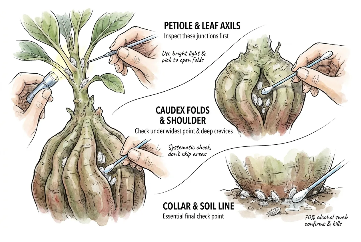 Conceptual illustration of a caudex inspection sequence