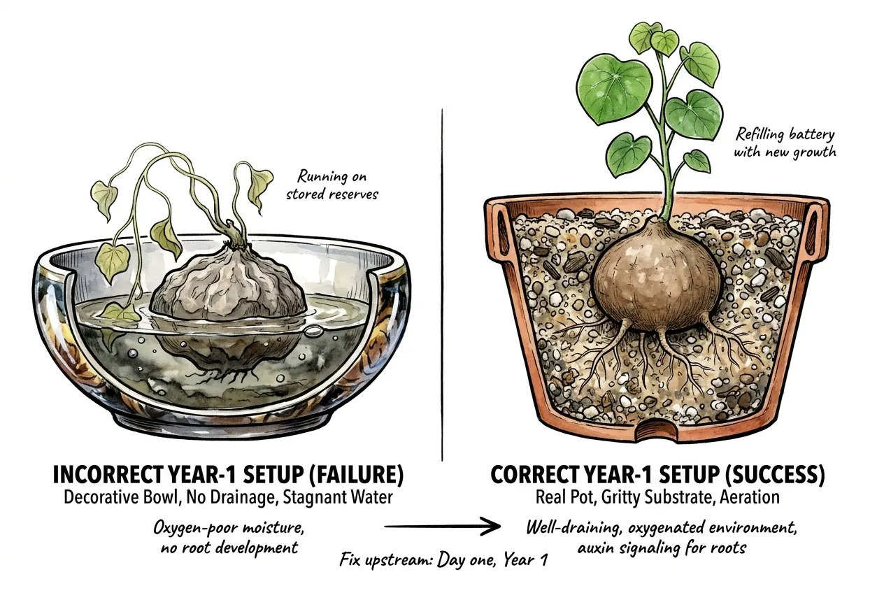 Decorative water bowl Year-1 setup compared to proper substrate pot