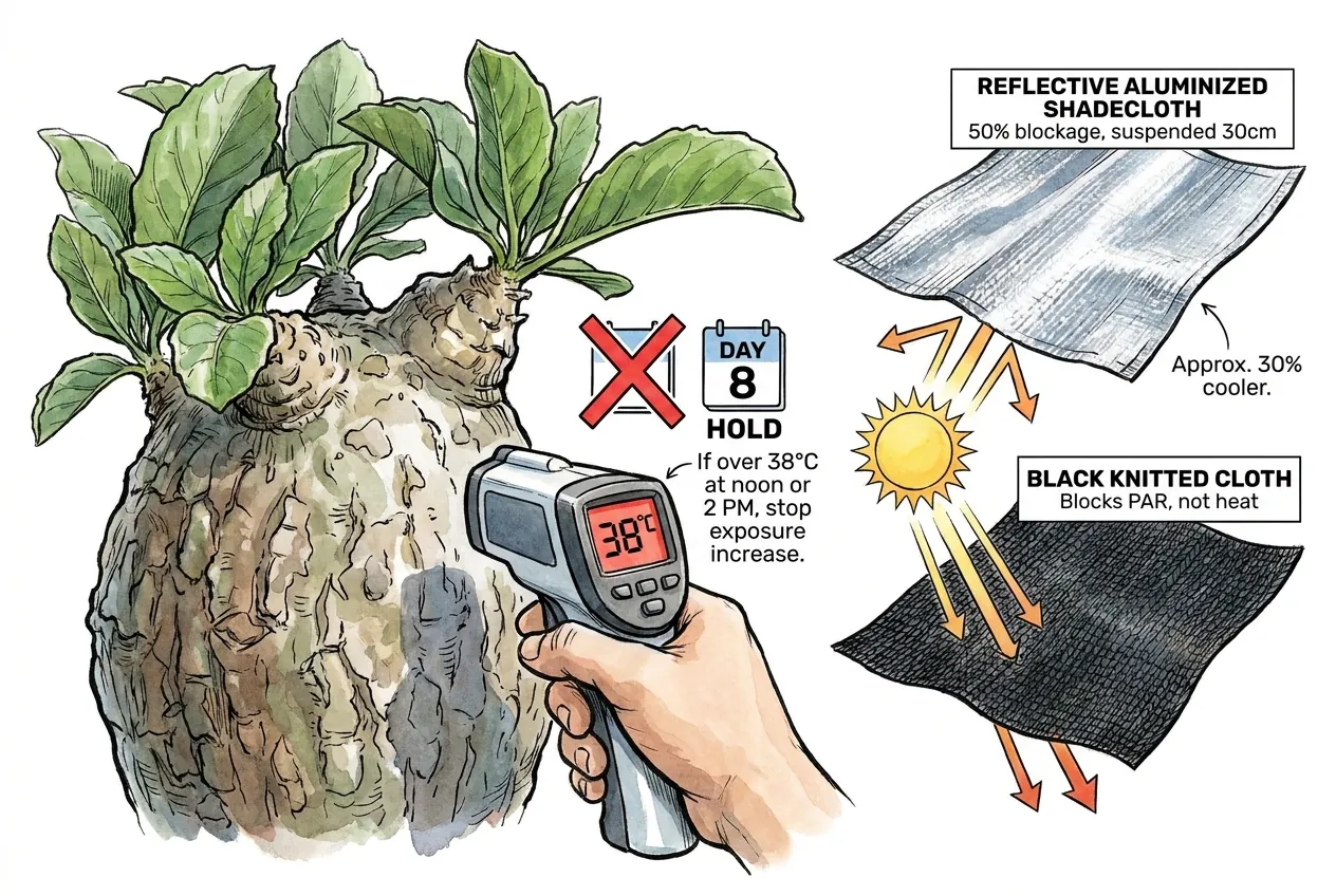 Infrared thermometer checking a caudex surface during acclimation.