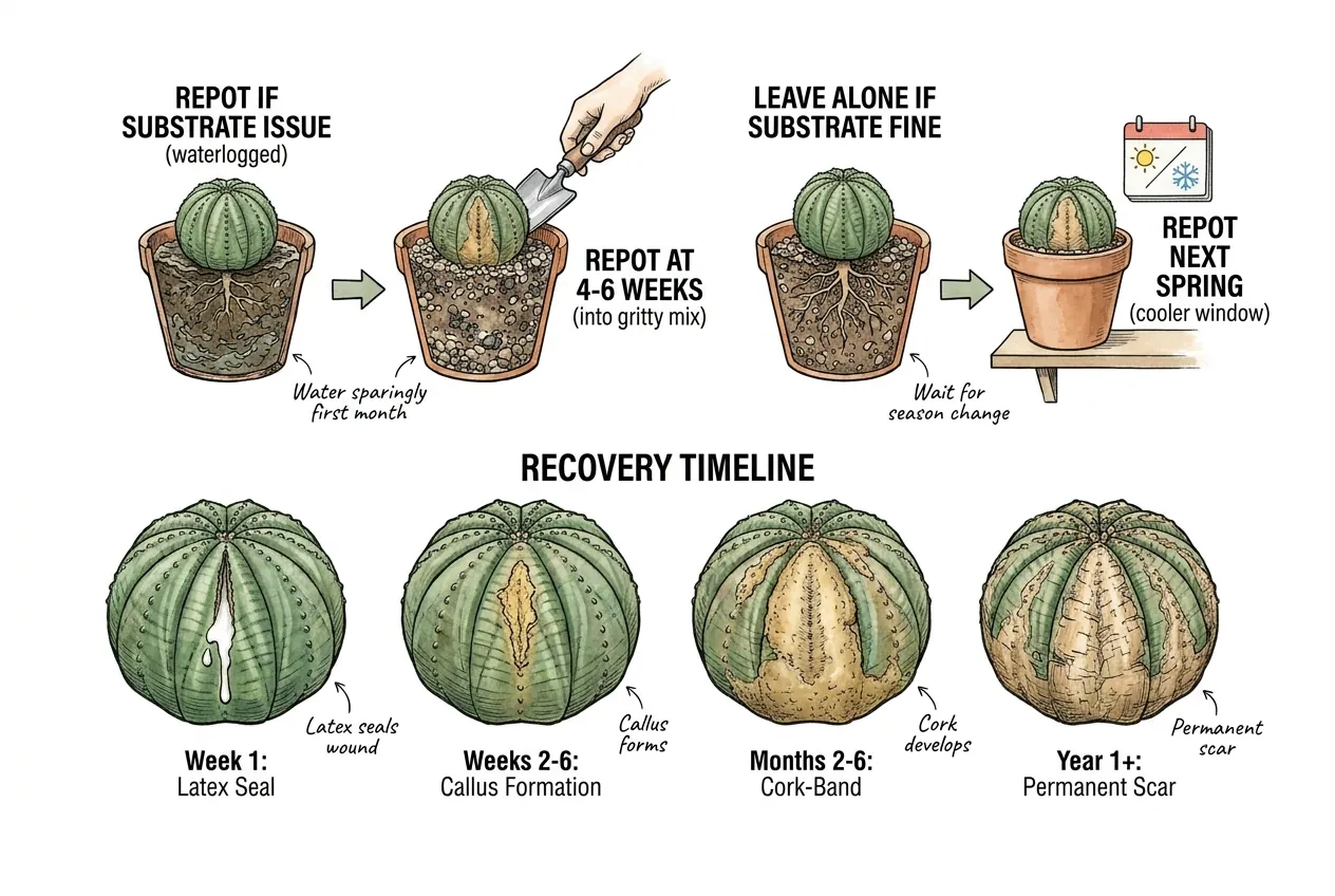 Euphorbia obesa with healed scar being lifted into fresh gritty mix