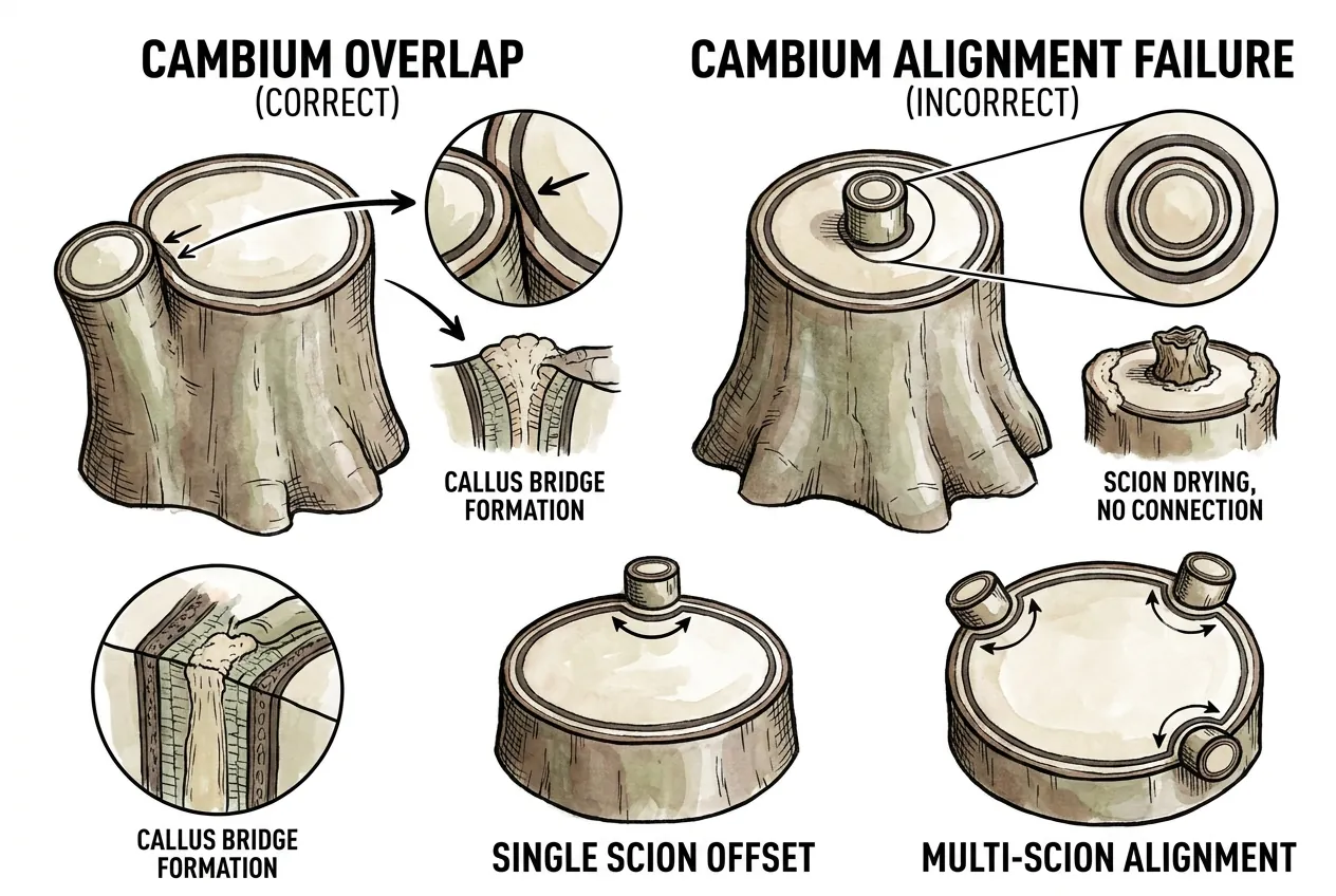 Correct cambium overlap forming callus bridge versus misaligned scion connecting nowhere