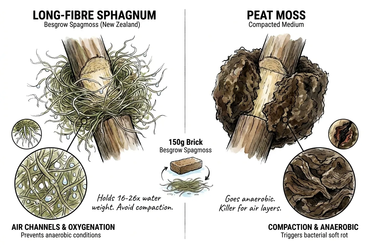 Long-fibre sphagnum versus compacted peat moss water retention comparison