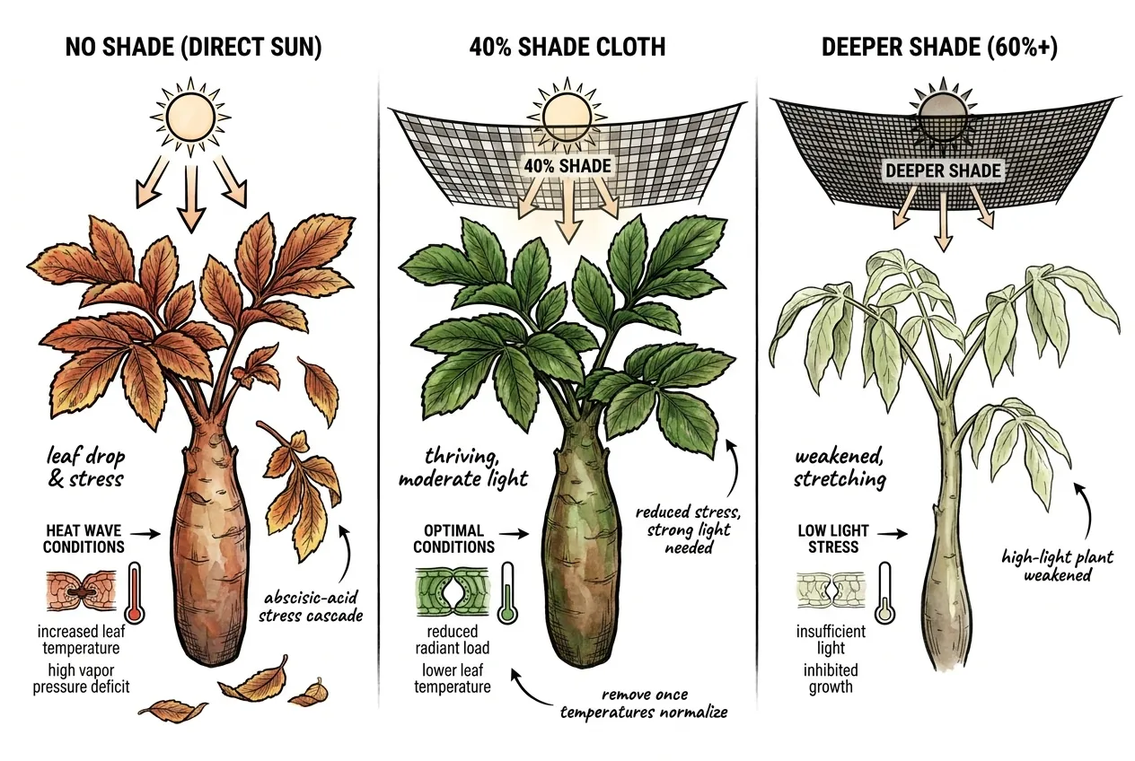 Caudex plant under 40 percent shade cloth during heat