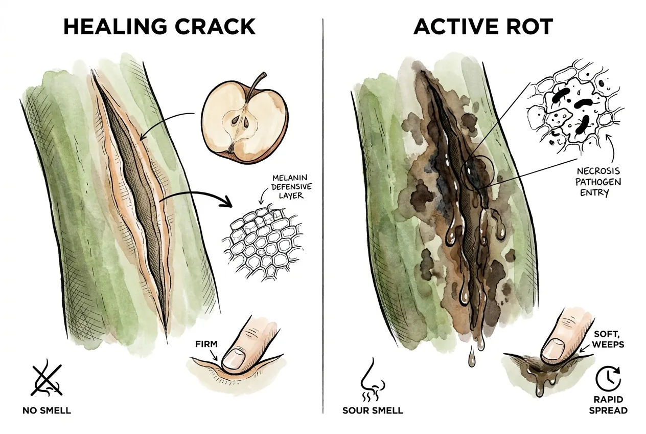 Pale melanin brown rim healing versus dark wet rotting margin