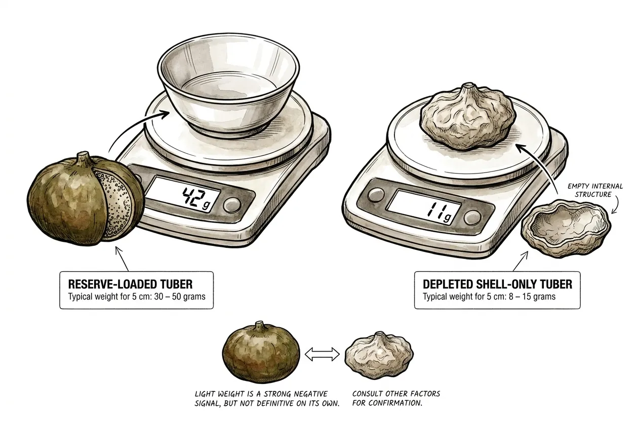 Caudex on kitchen scale showing gram reading for reserve diagnosis