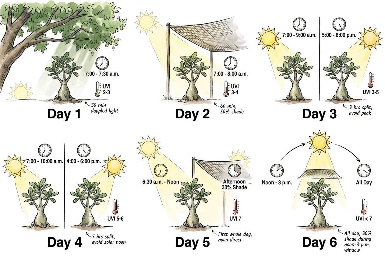 Seven-day Adenium acclimation calendar with daily sun exposure windows