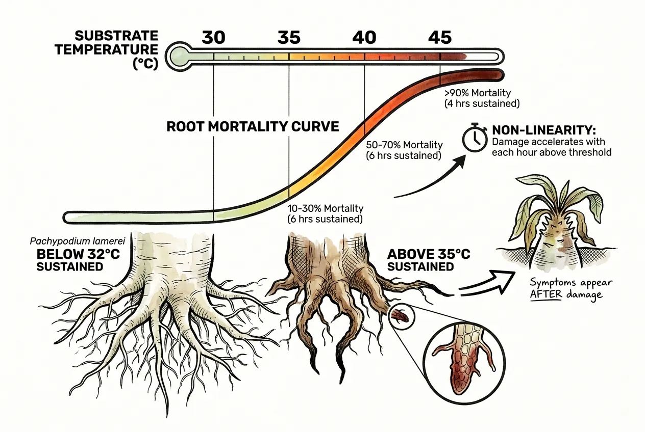 Fine-root damage climbing steeply as substrate heat and exposure time rise