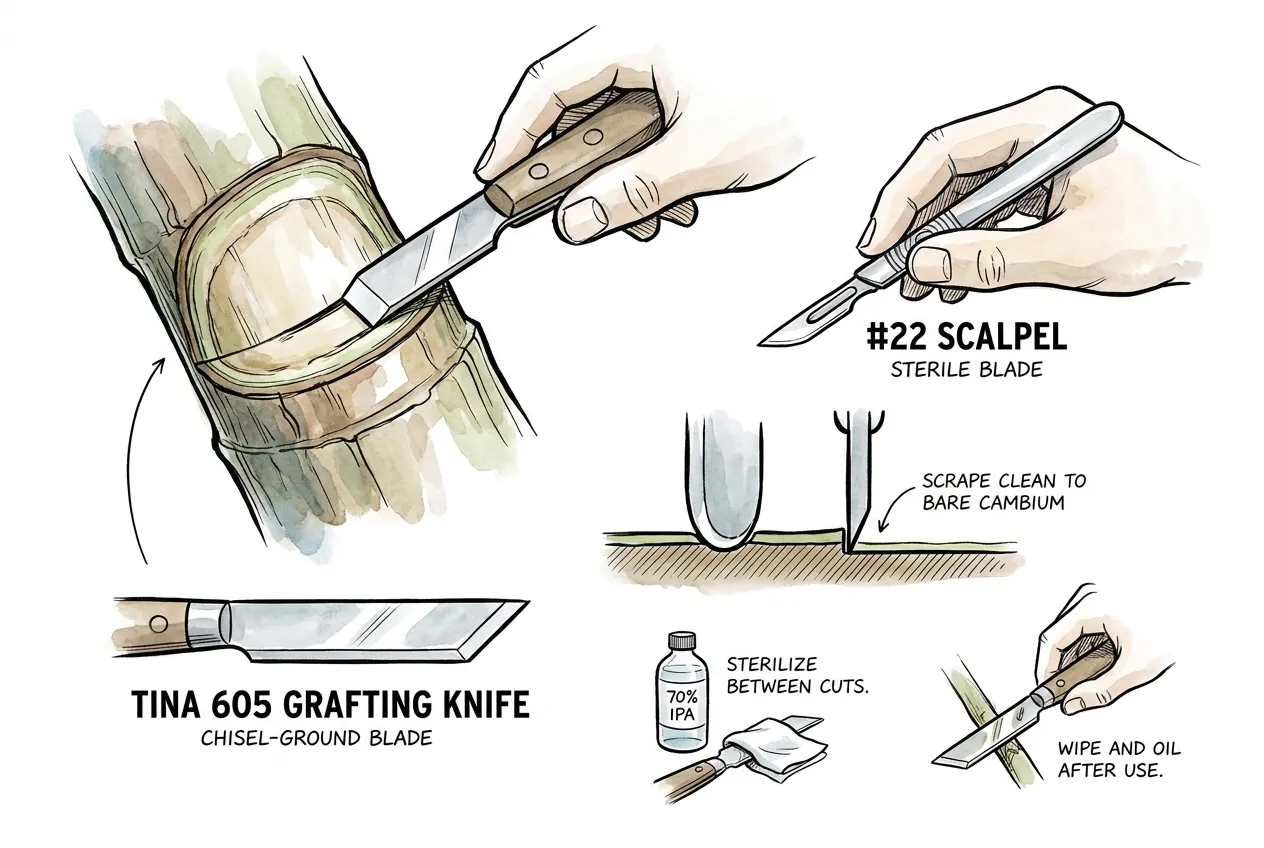 Chisel-ground grafting knife scraping the exposed cambial face of a cycad stem