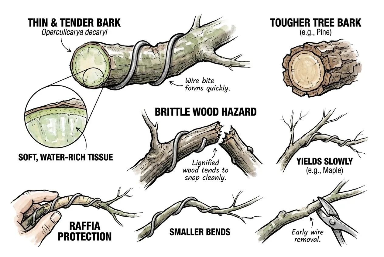 Thin tender bark over soft tissue marked by a wire scar