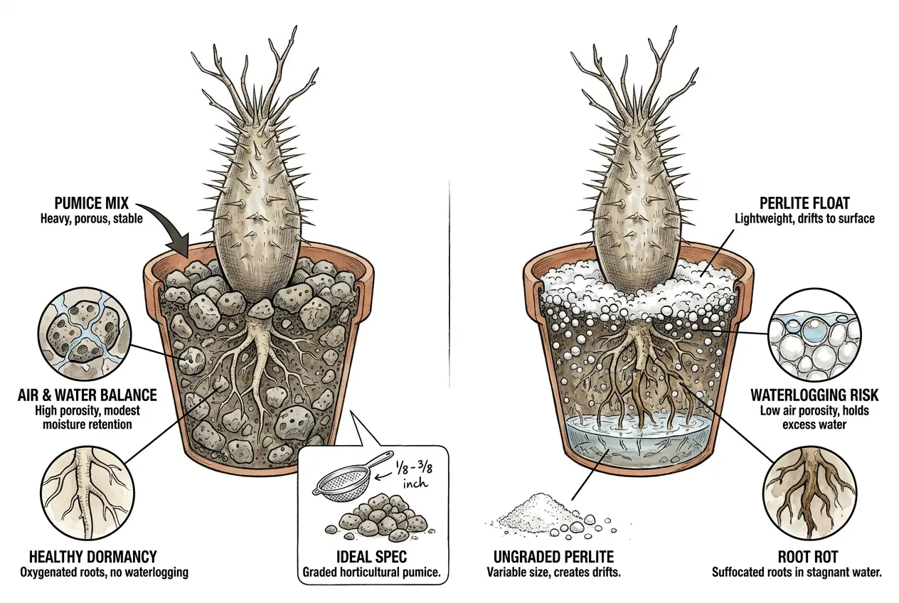 Porous pumice grains holding air beside floating white perlite