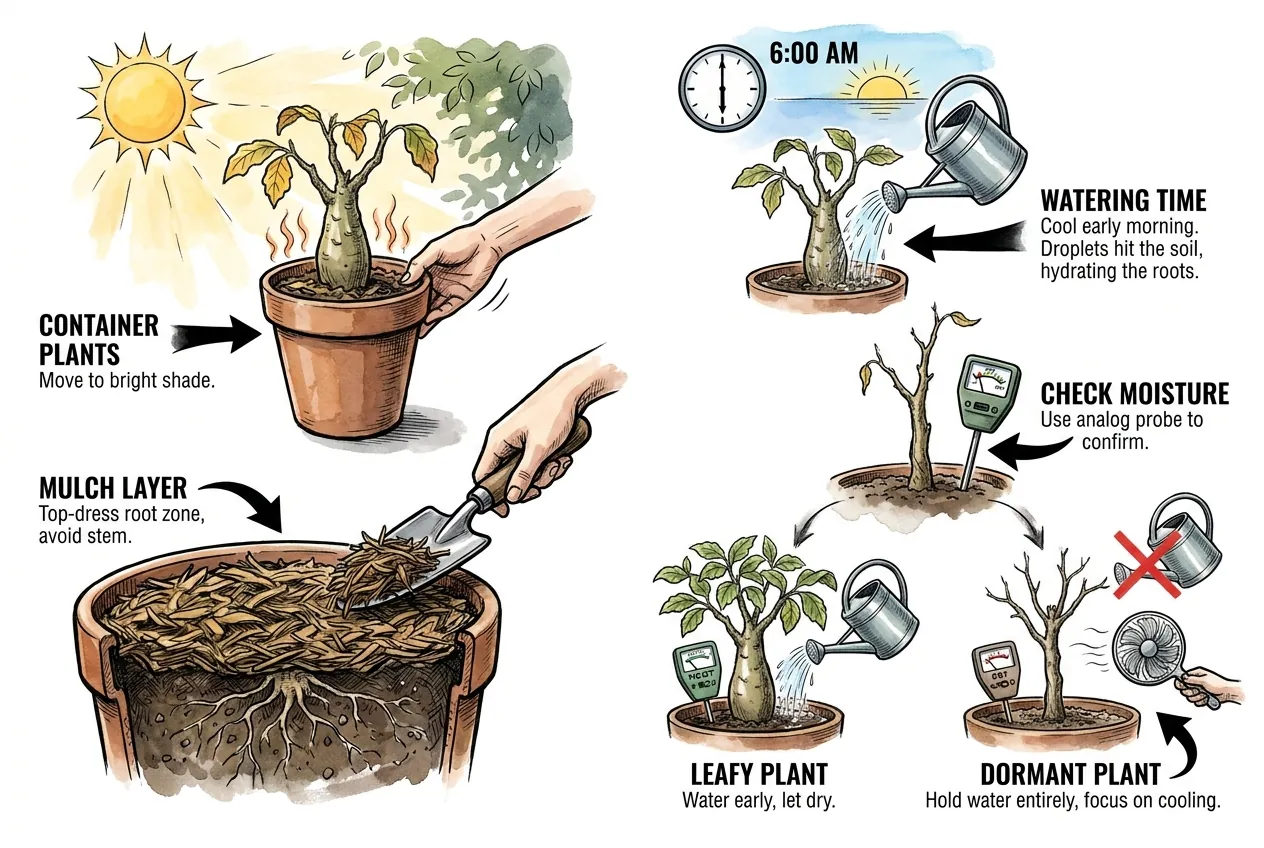Potted caudex moved to shade with mulch top-dressing on soil