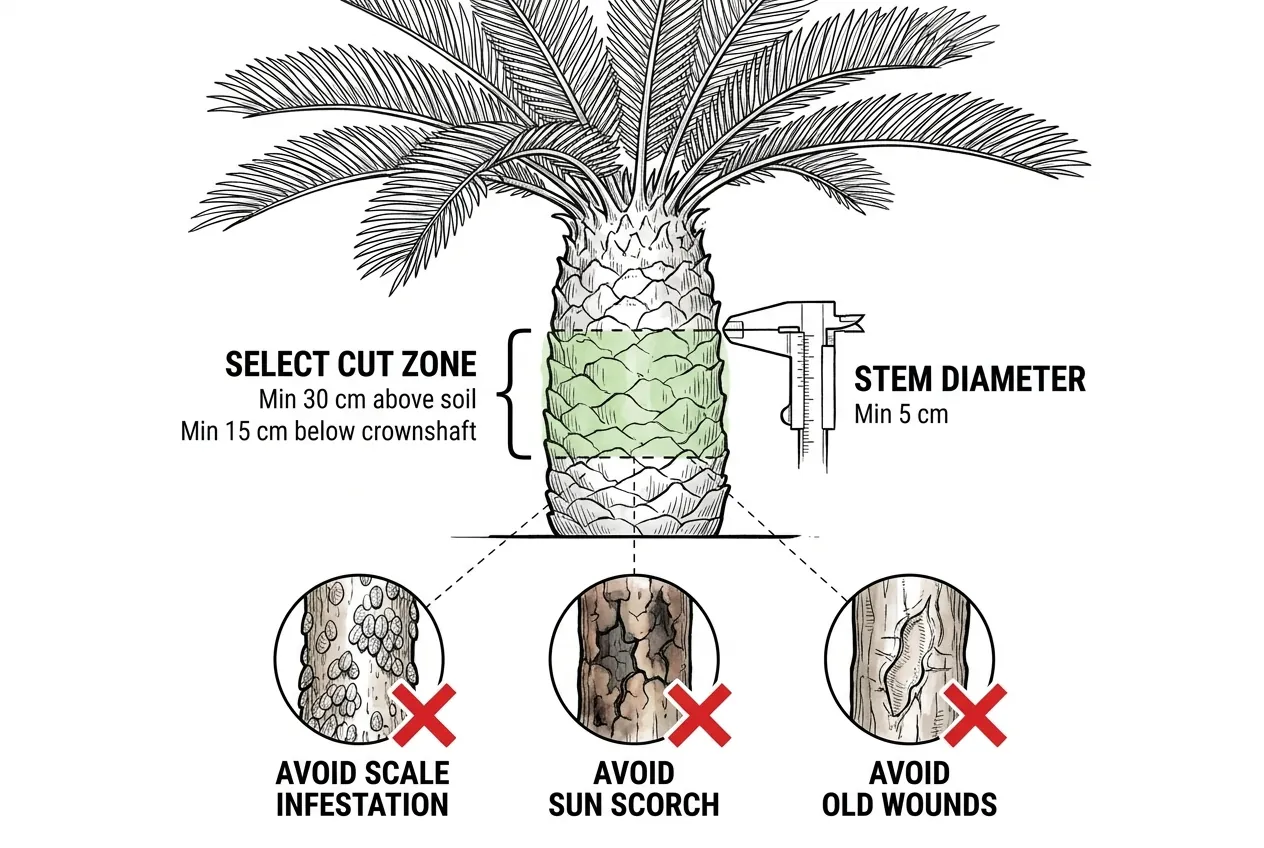Marking the cut elevation on a trunked Cycas at least 30 cm above the soil line