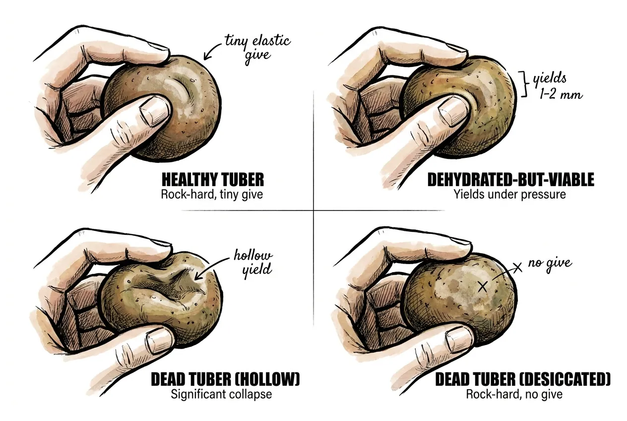 Fingers squeezing caudex to test firmness and elastic give