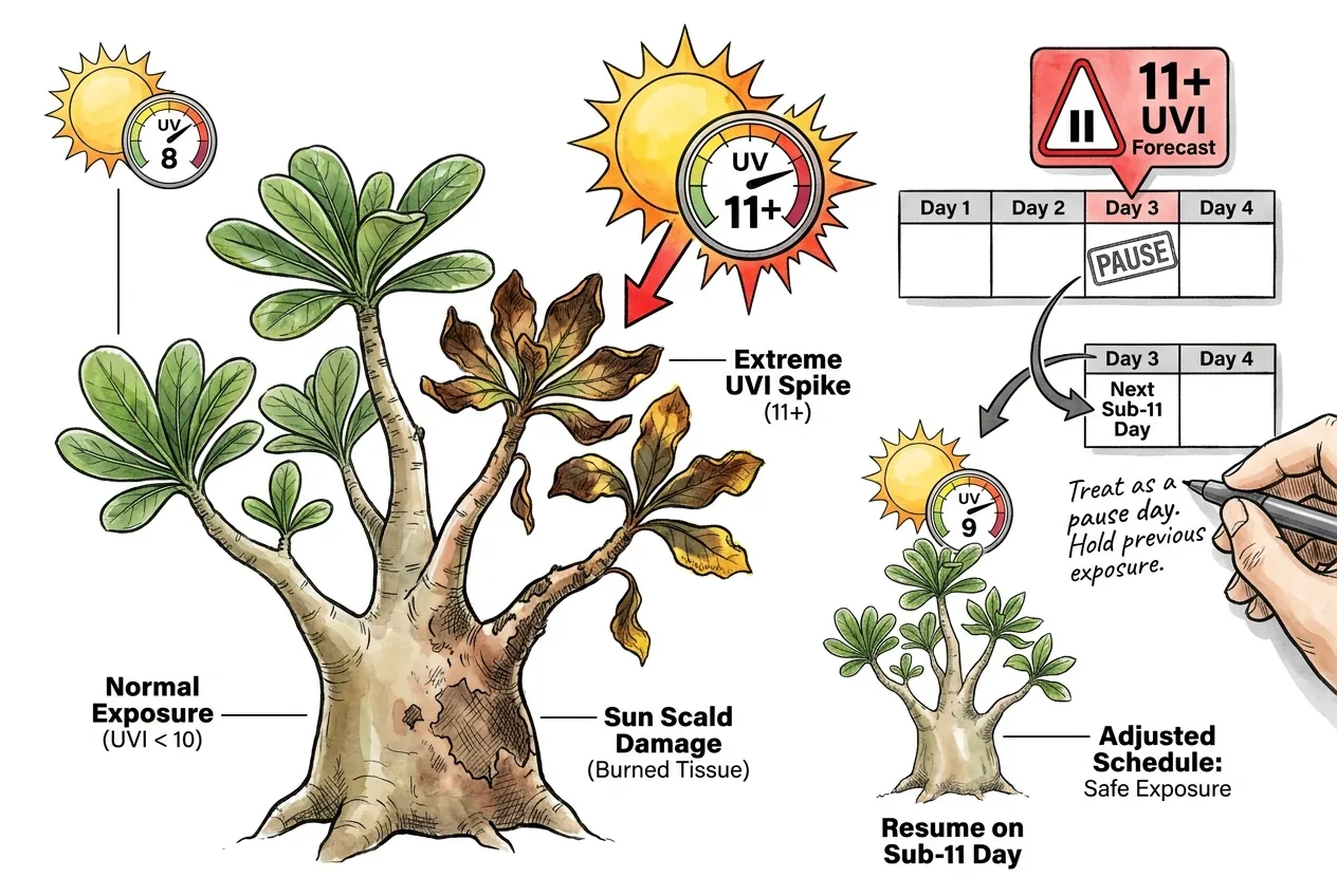 Pause-day adjustment for the Adenium acclimation schedule during UV Index spikes