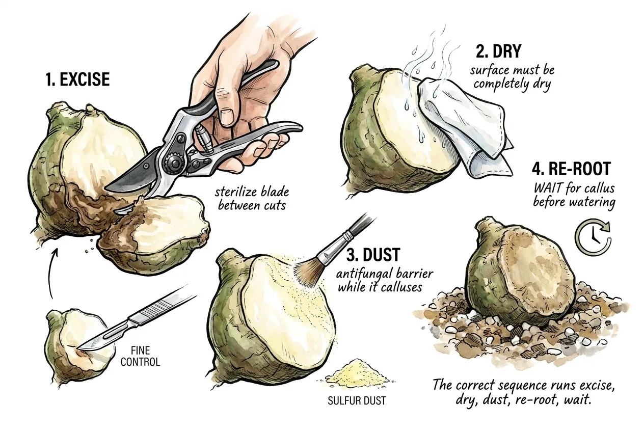 Illustration of a caudex wound being assessed before a cautious re-rooting attempt