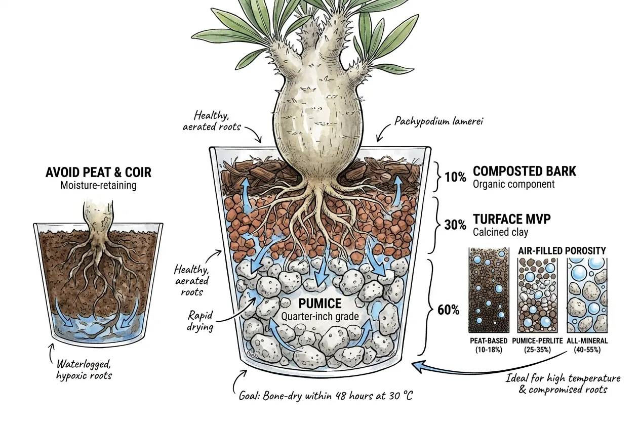 Coarse mineral-heavy fast-draining mix holding plenty of air around roots