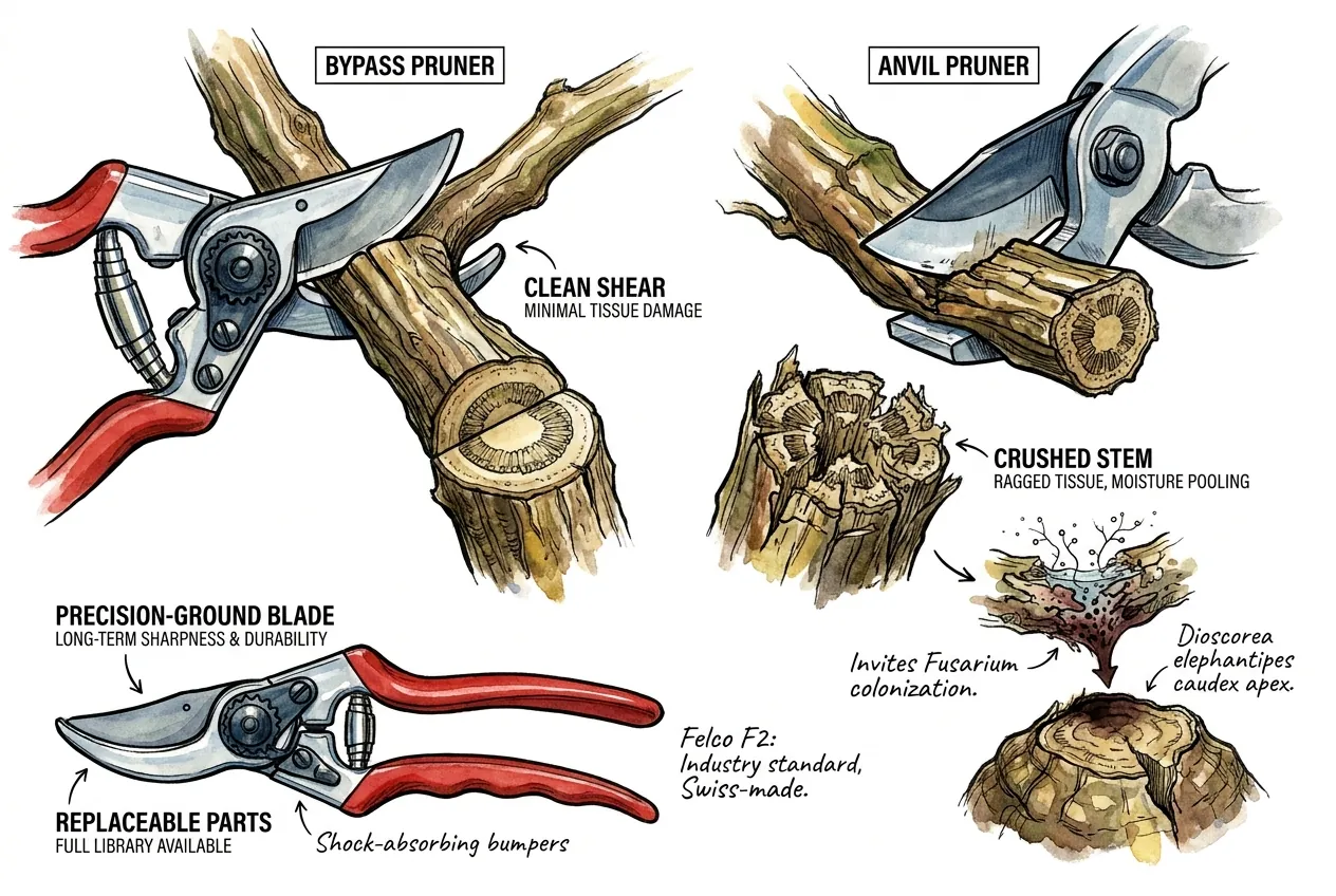Conceptual bypass-pruner cutting action