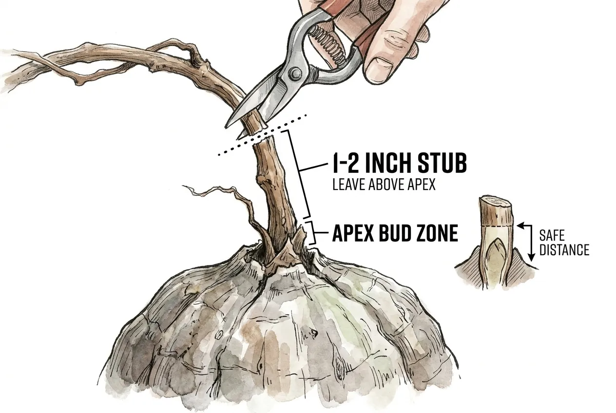 Conceptual trimming position above a Dioscorea crown