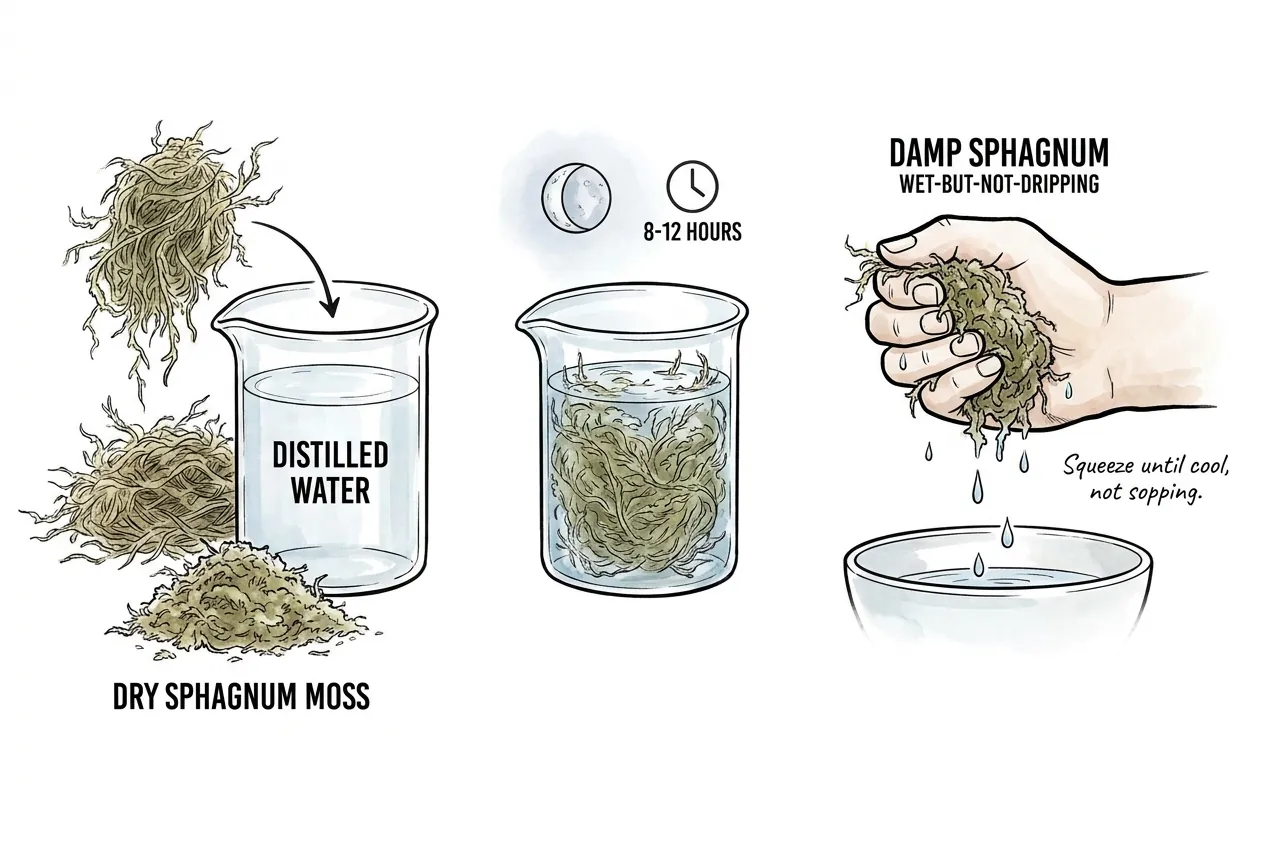 Long-fibre sphagnum soaking in distilled water for overnight hydration