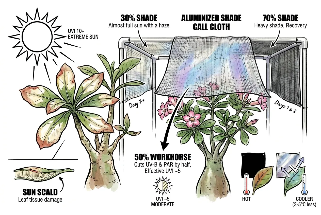 Comparison of 30, 50, and 70 percent shade cloth coverage on Adenium