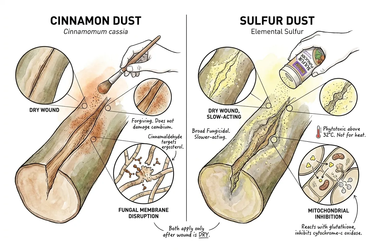 Cinnamon powder and sulfur dust beside a dry caudex wound