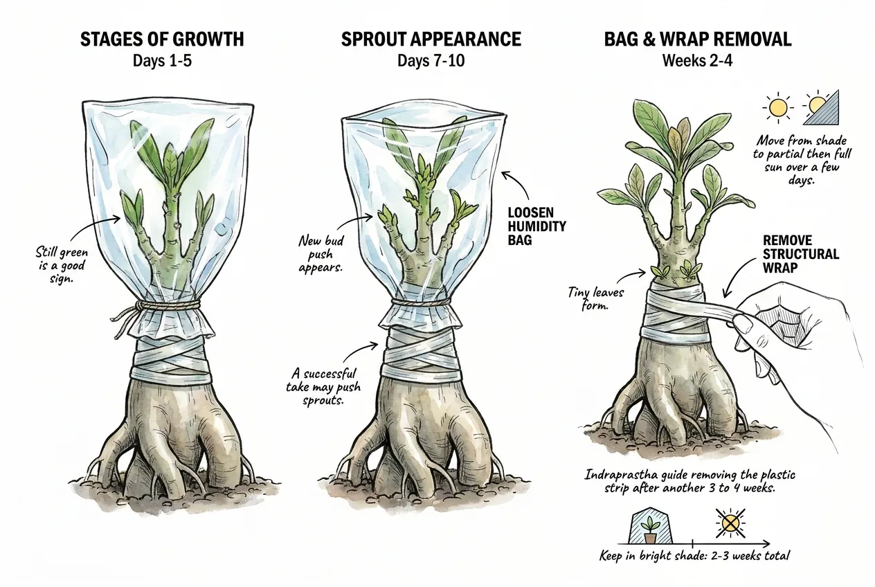 Graft healing stages from humidity bag to sprouting to wrap removal