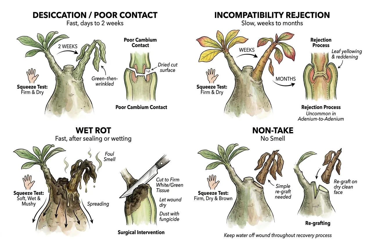 Four failed graft outcomes: desiccation, incompatibility, wet rot, and non-take