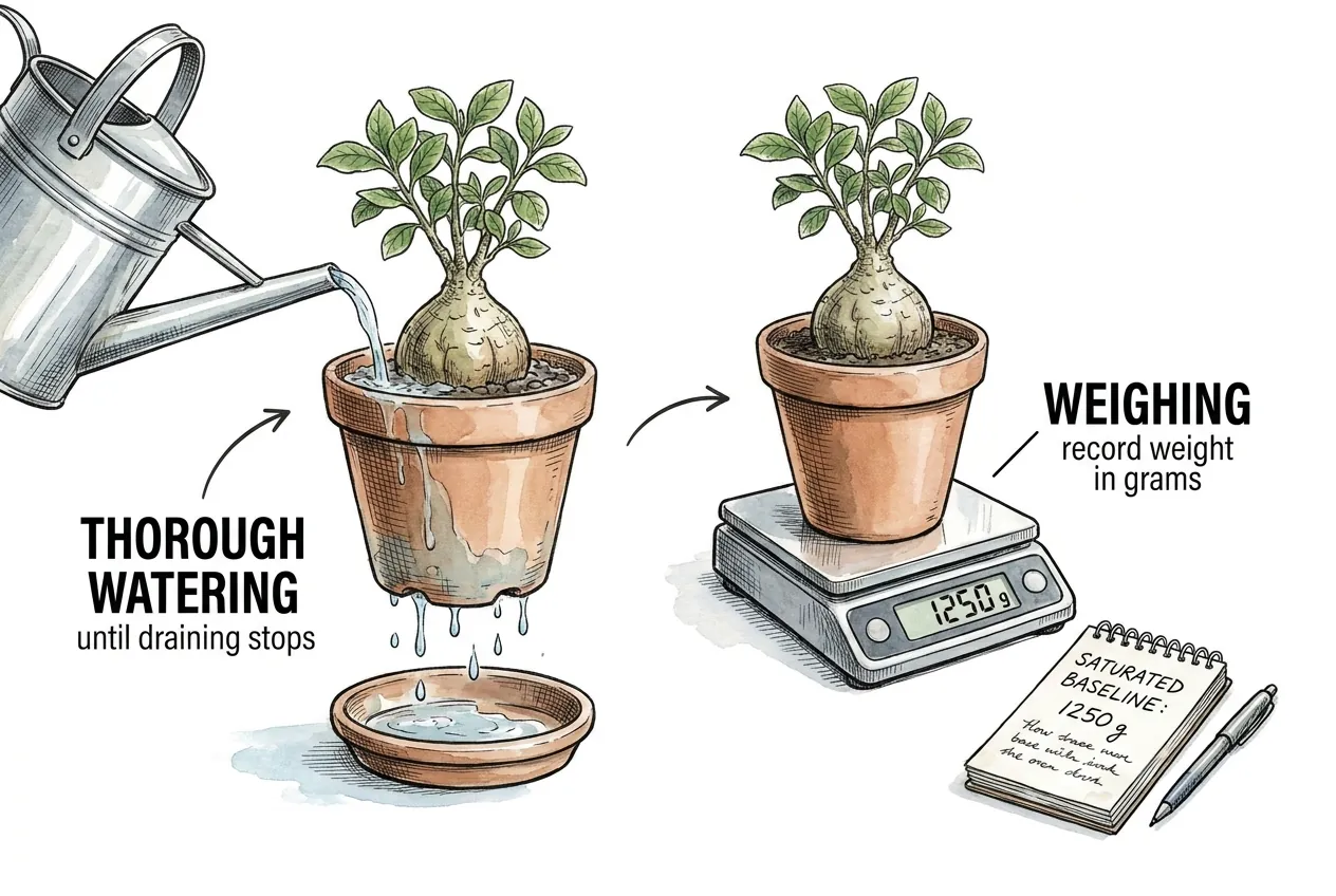 Thoroughly watering a potted caudex until draining stops, then weighing it in grams to record the fully-drained soil baseline