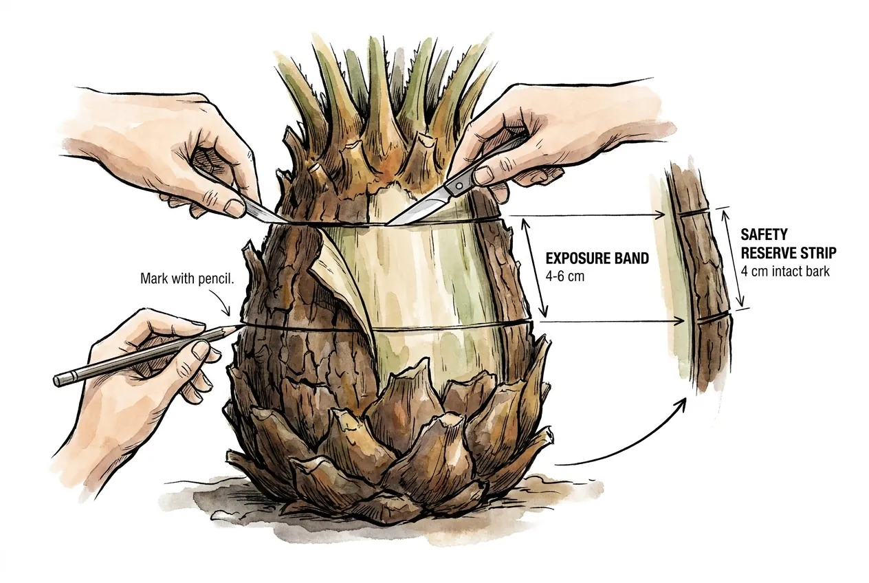 Two parallel horizontal scores marked on a Cycas trunk for wound layout