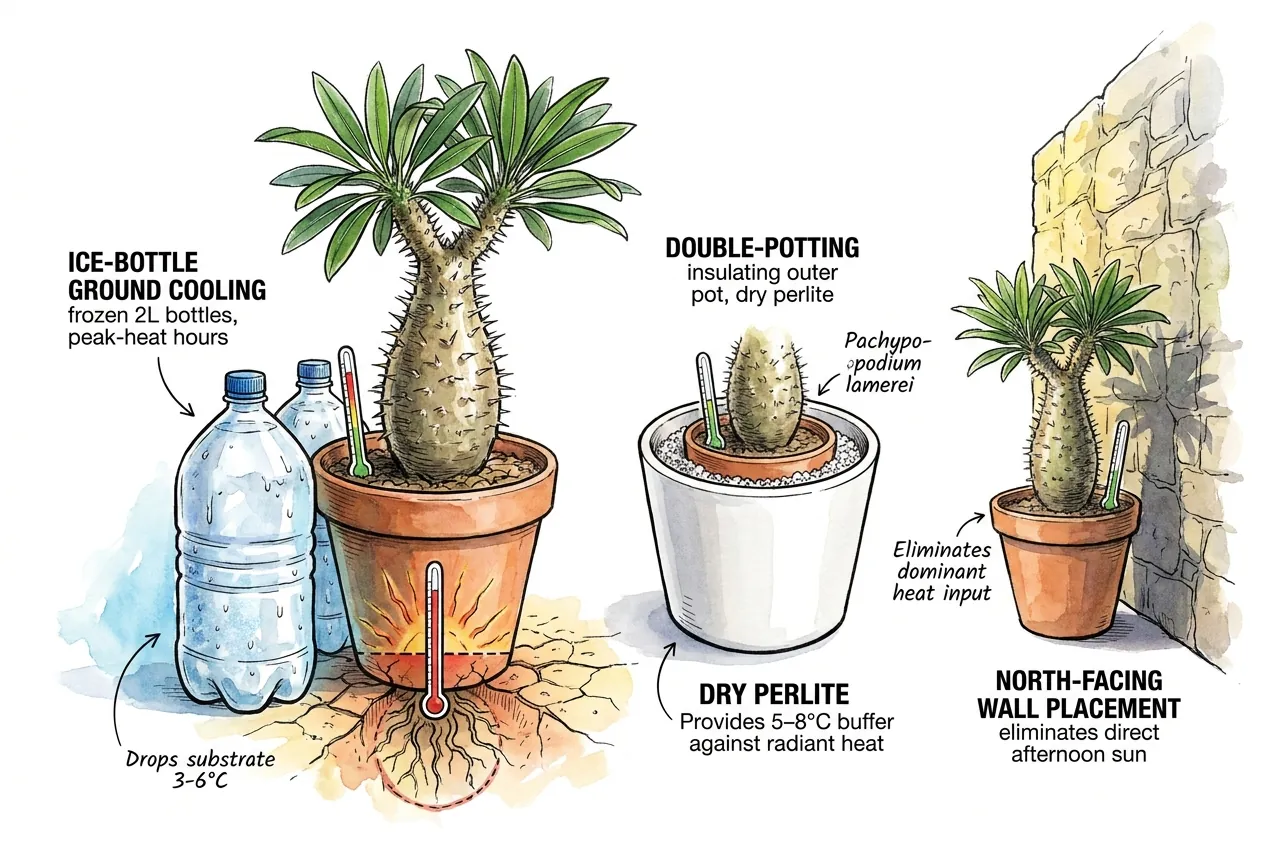 Double-potted plant with light outer pot shade and airflow away from radiant heat