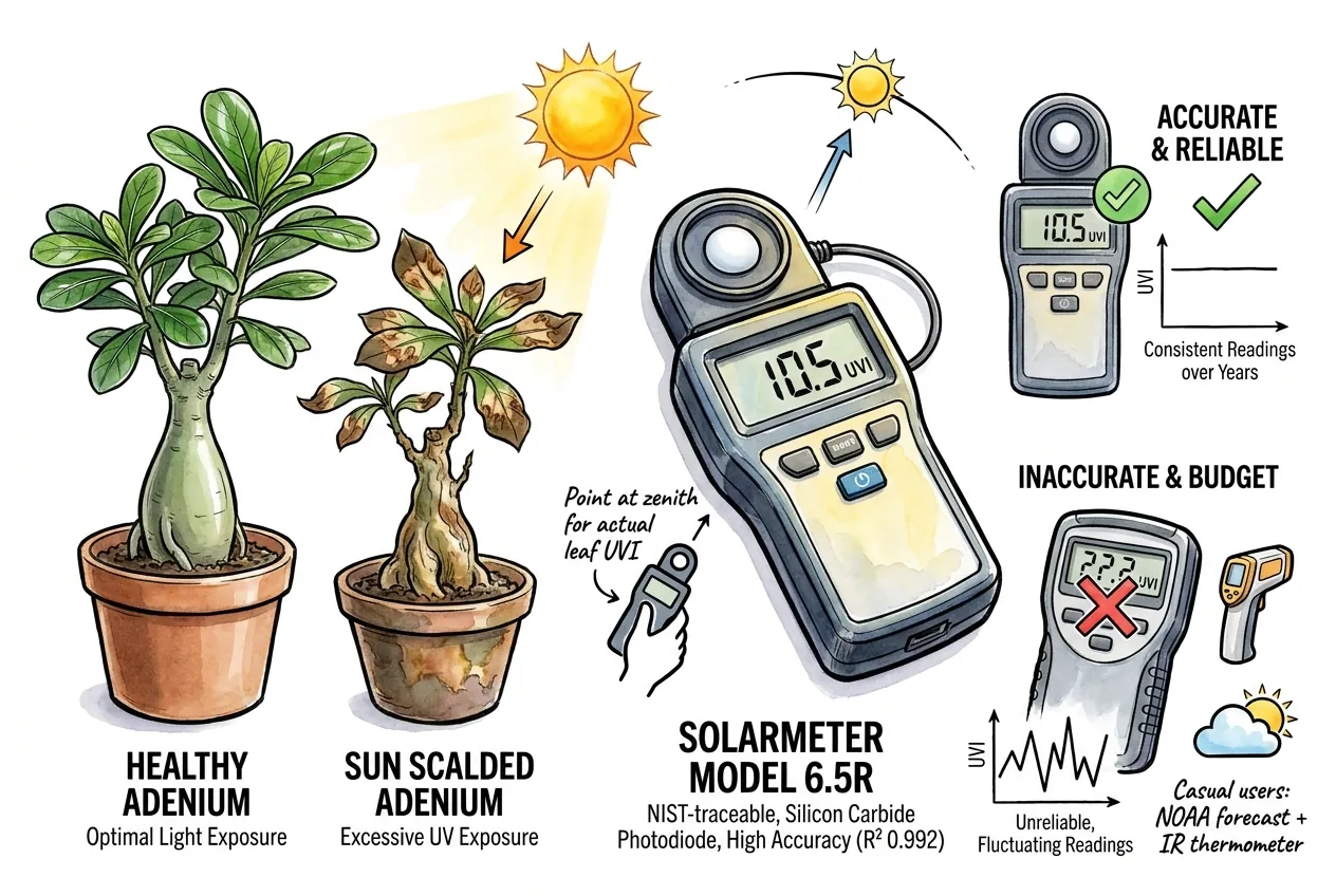 Handheld UV Index meter pointed at zenith near a potted Adenium