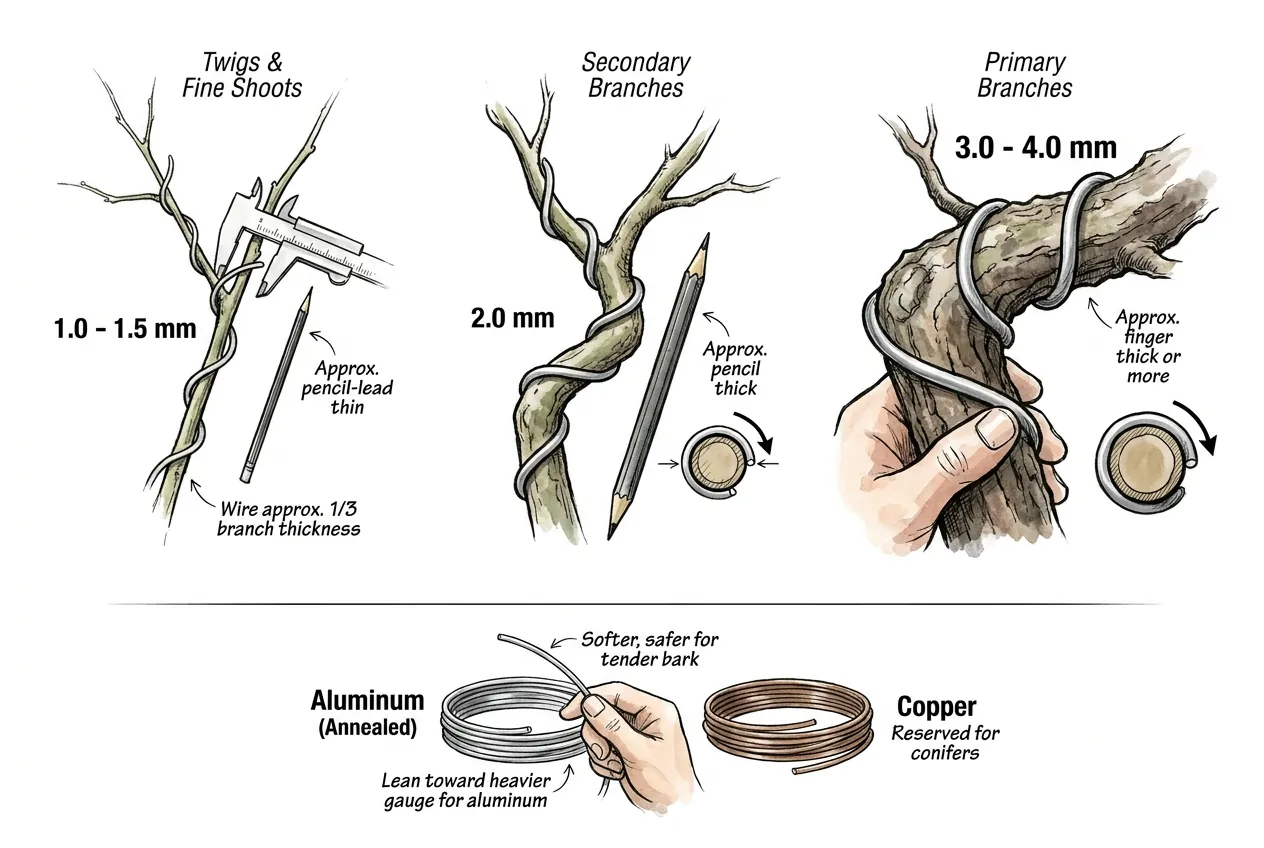 Aluminum wire gauges matched to thin, medium, and thick bonsai branches