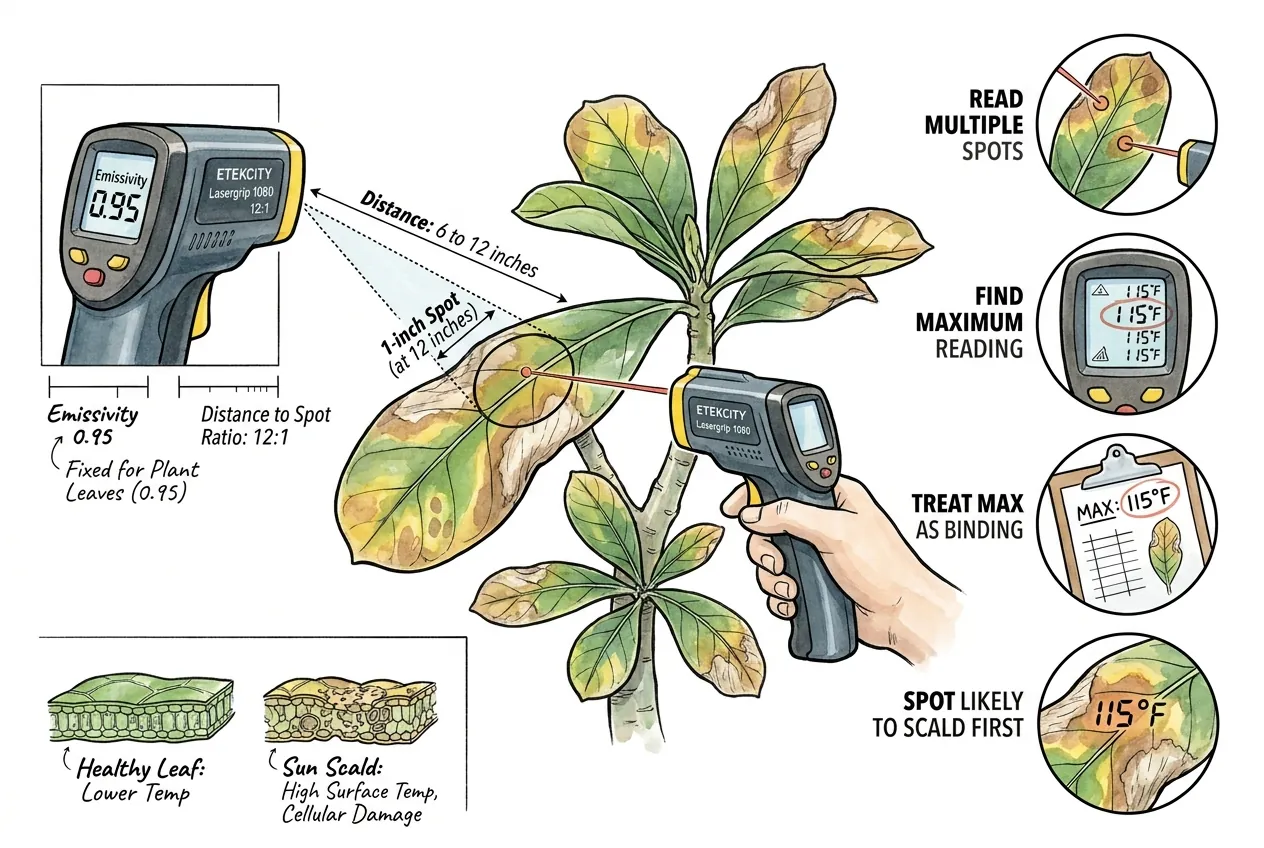 IR thermometer aimed at Adenium leaf with emissivity 0.95 setting