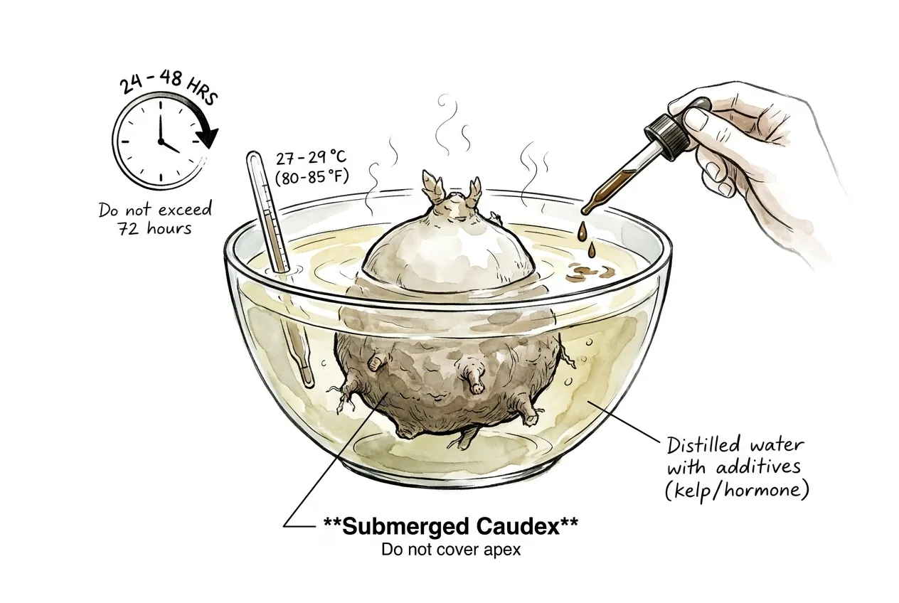 Caudex partially submerged in warm water bowl with thermometer