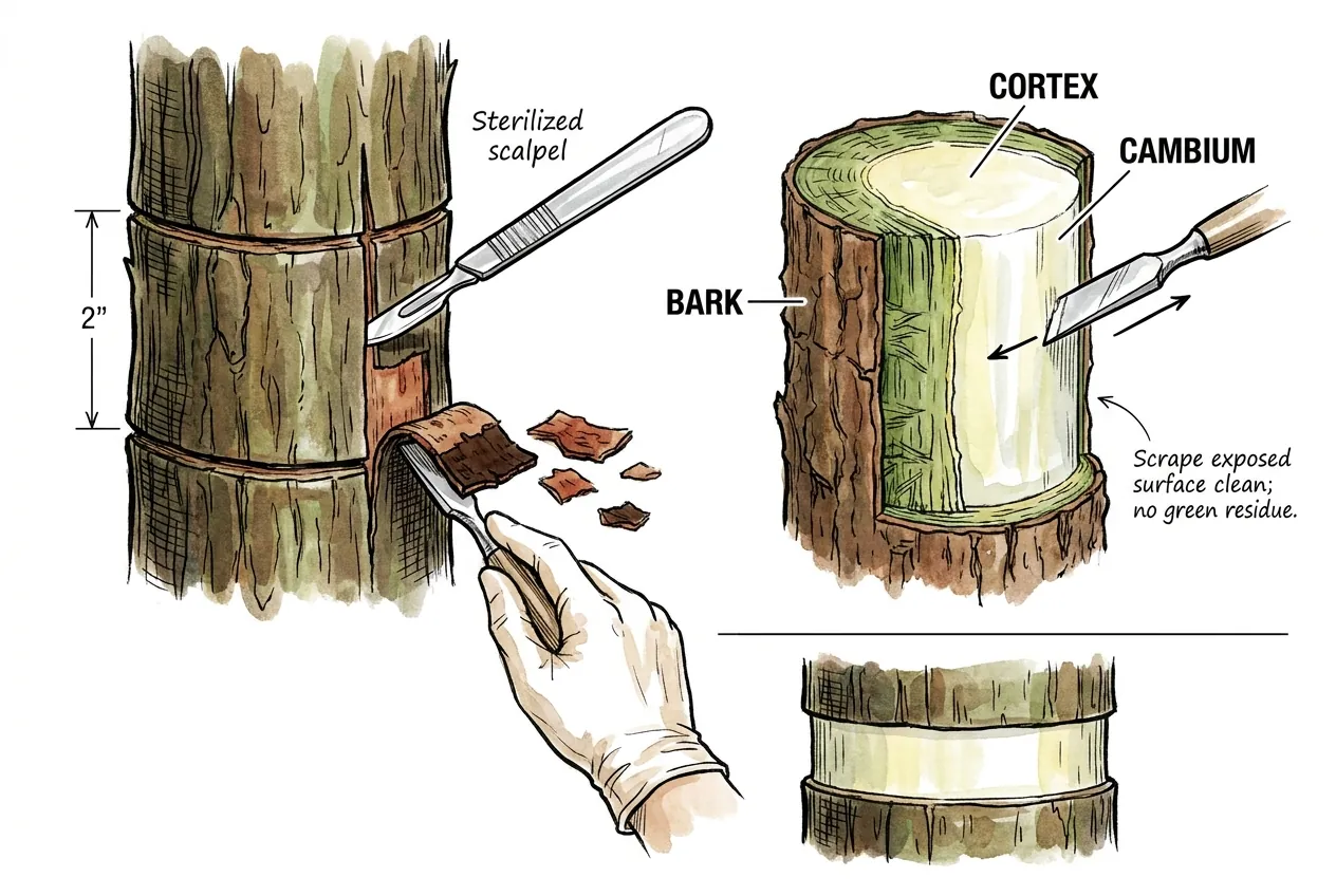Bark band lifted from a Cycas trunk and cambial face being scraped clean
