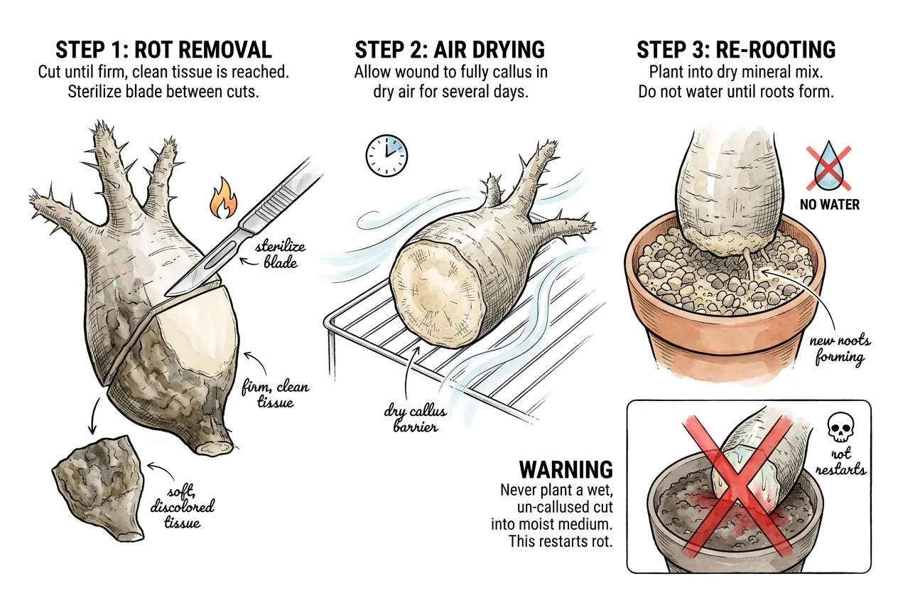 Cutting rot to clean tissue, callusing, and re-rooting in dry mix