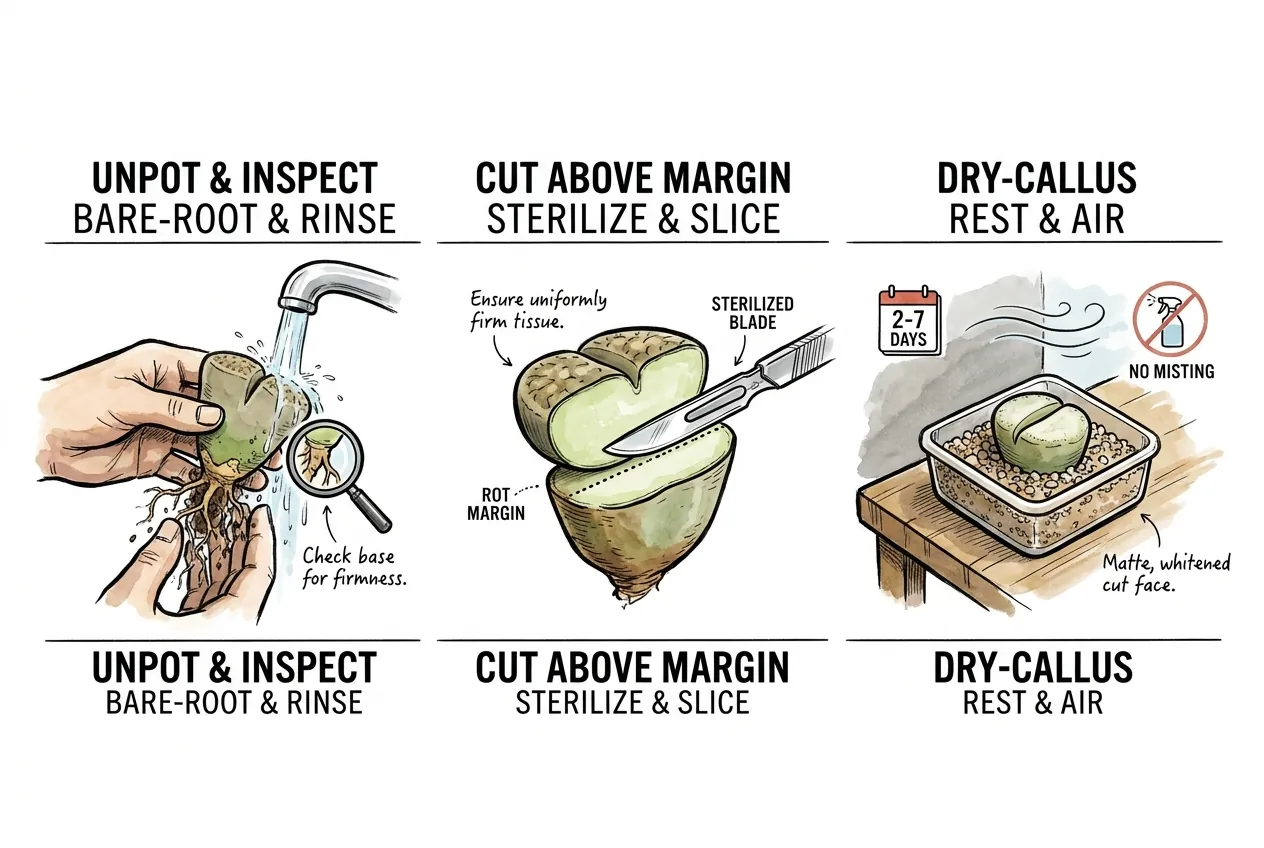Conceptual illustration of a cautious Lithops rot-assessment sequence