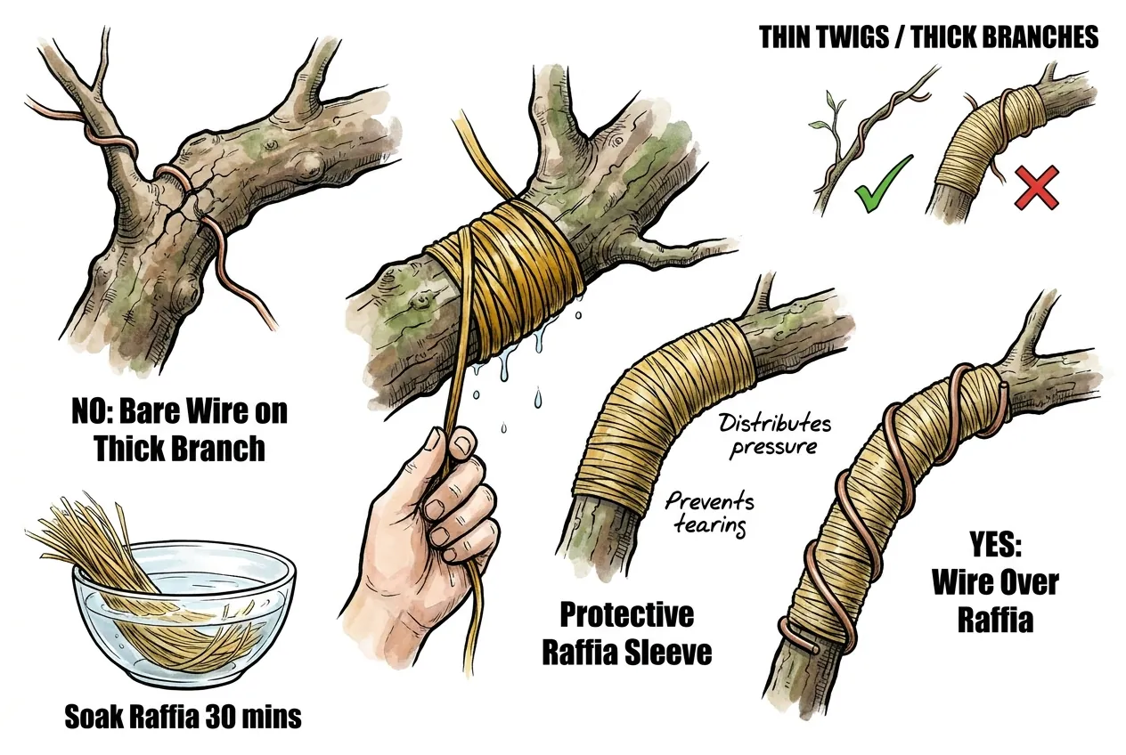 Water-soaked raffia wrapped along a thick branch before wiring
