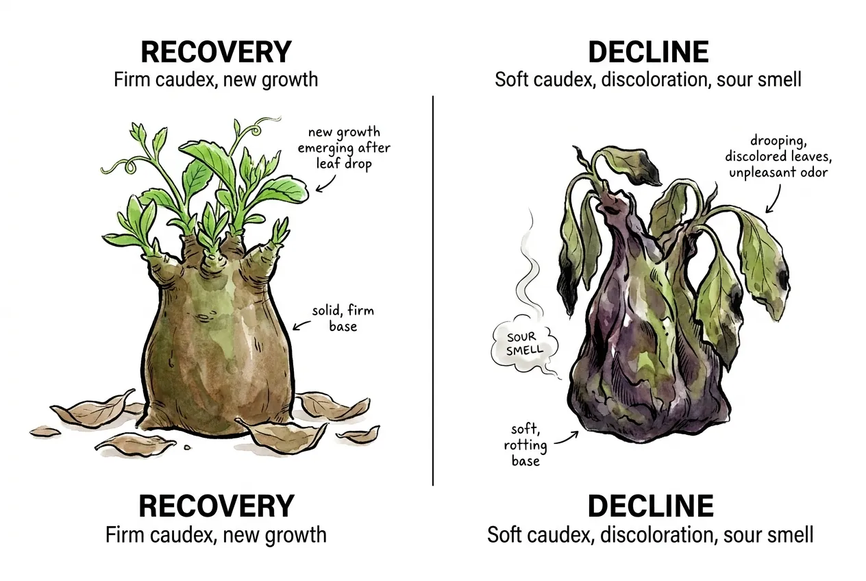 Recovering caudex pushing new leaves beside a softening rotting one