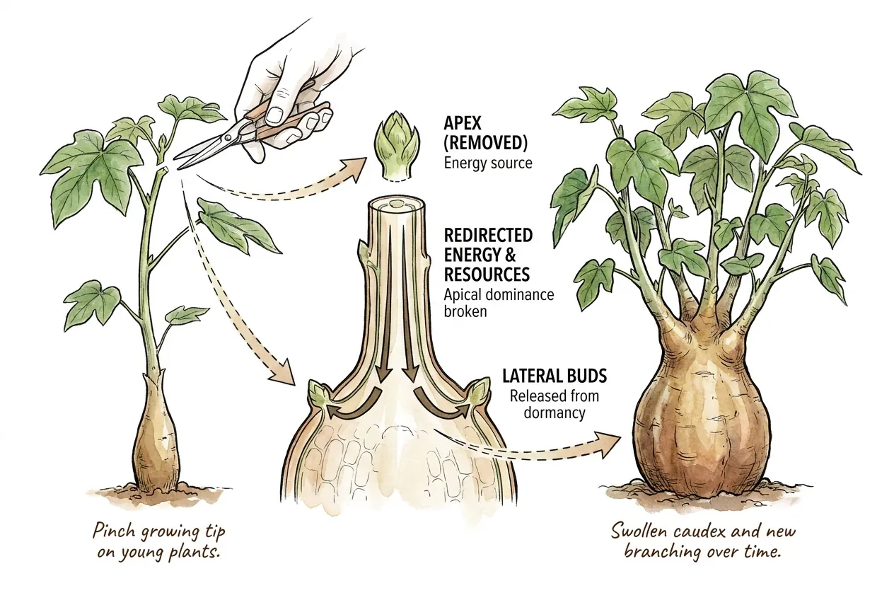 Illustration of a Jatropha growing tip being pinched for shape management