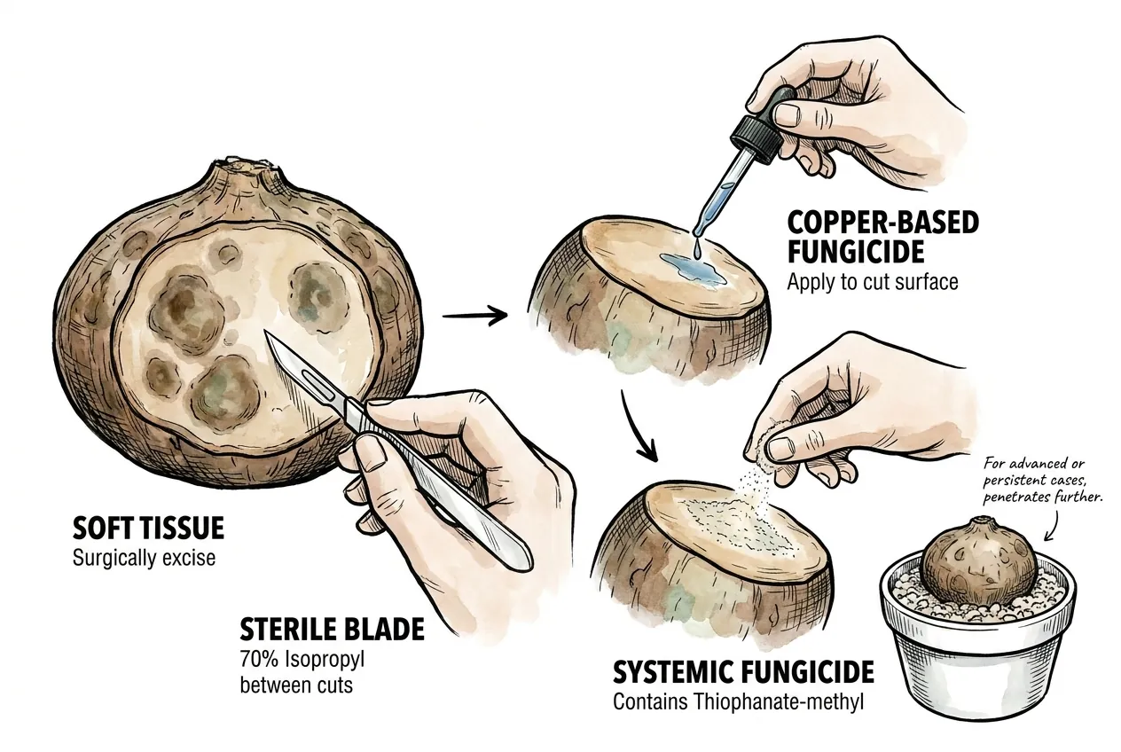 Surgical excision of rot tissue from caudex base with sterile blade