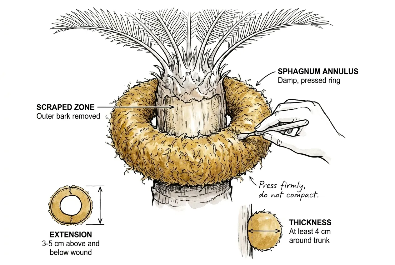 Damp sphagnum packed in a doughnut around the wound on a cycad trunk
