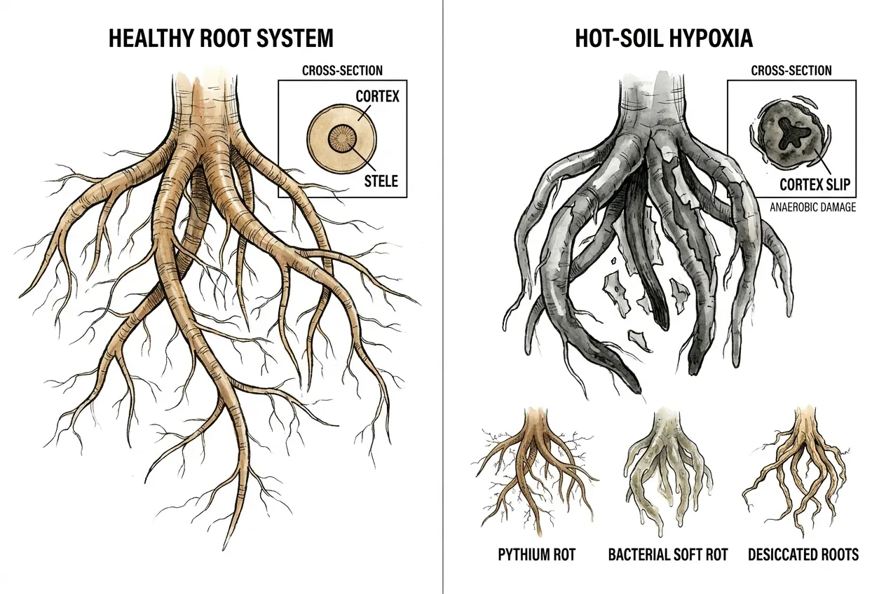 Hypoxic Pythium bacterial and desiccated roots compared side by side