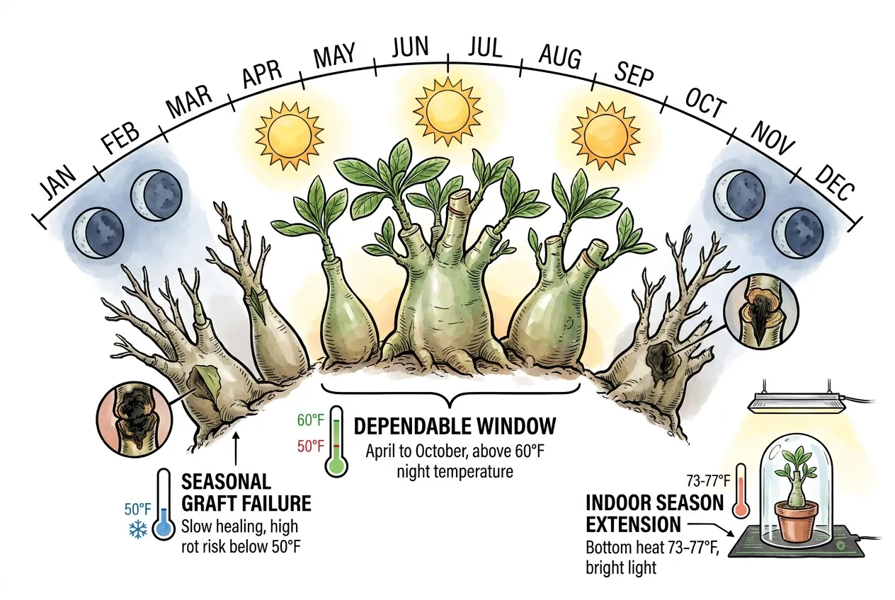 Calendar showing April-to-October Adenium grafting window above 60-degree nights