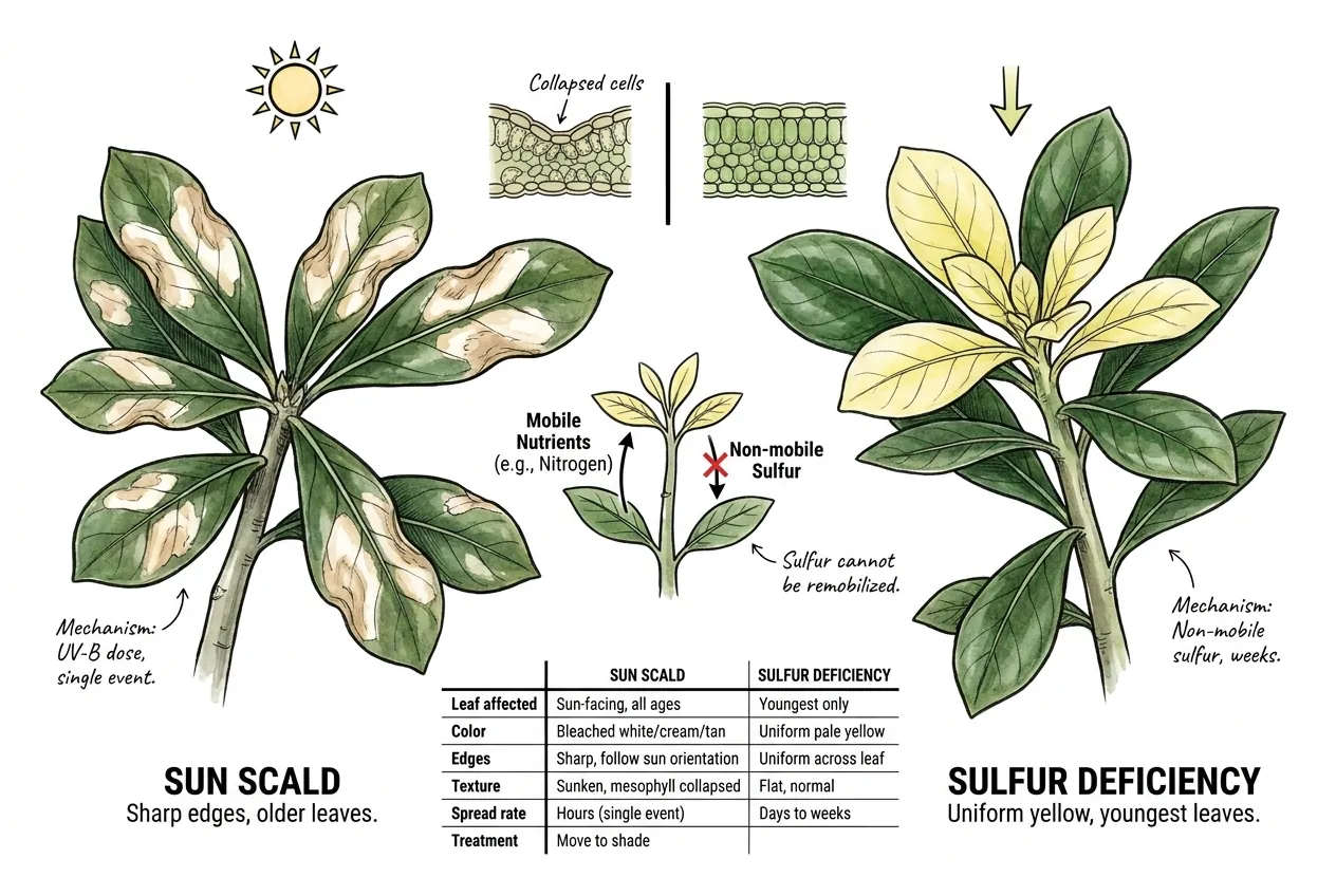 Side-by-side Adenium leaves comparing sun scald and sulfur deficiency symptoms