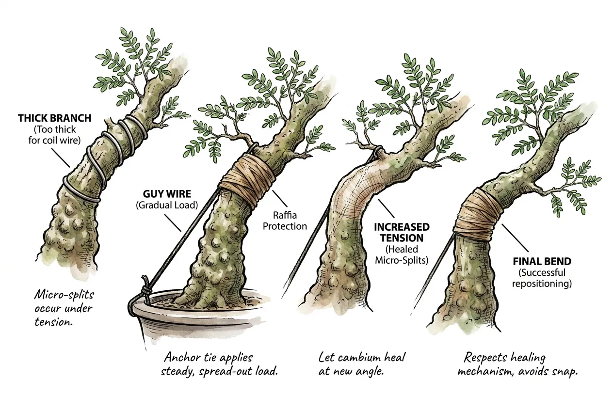 Guy wire pulling a thick branch toward an anchor point on the pot