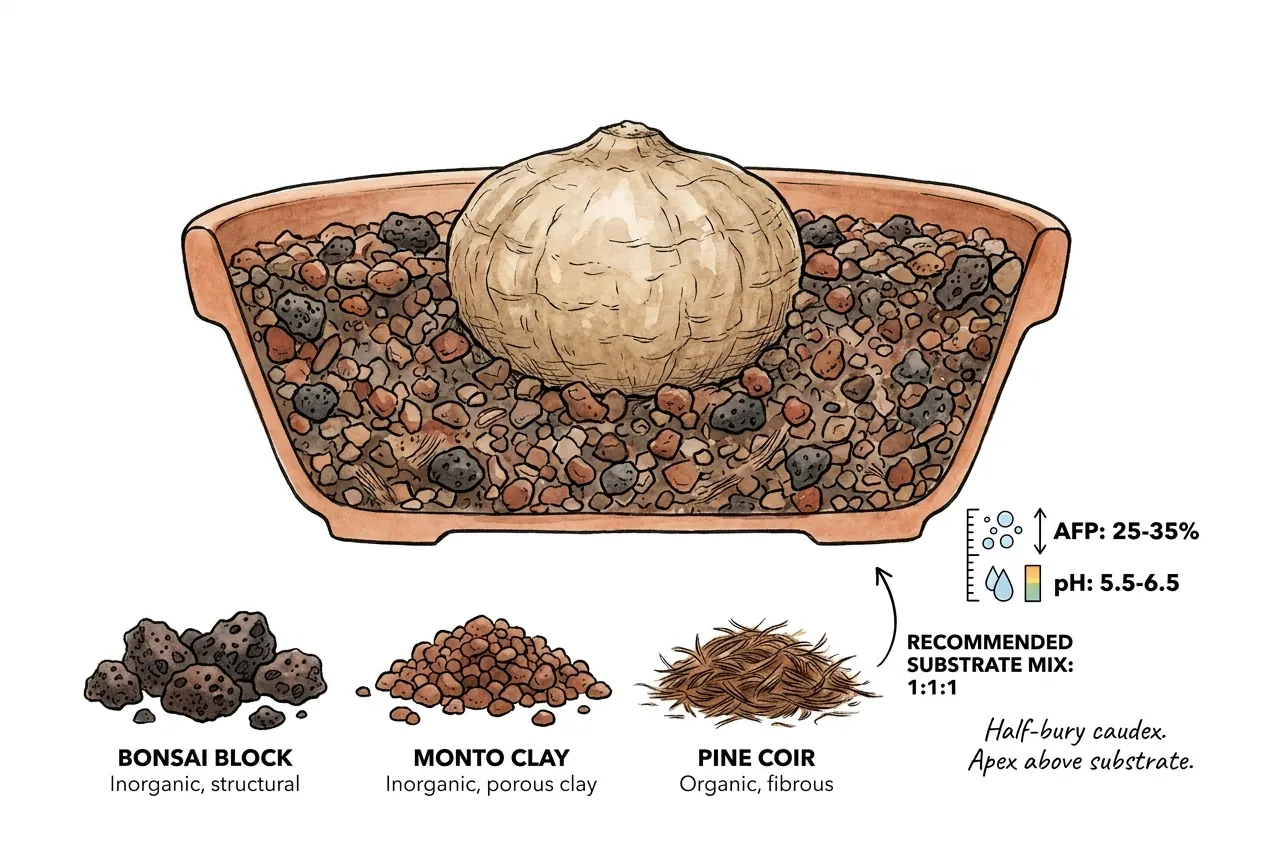 Half-buried tuber in gritty pumice and akadama substrate mix